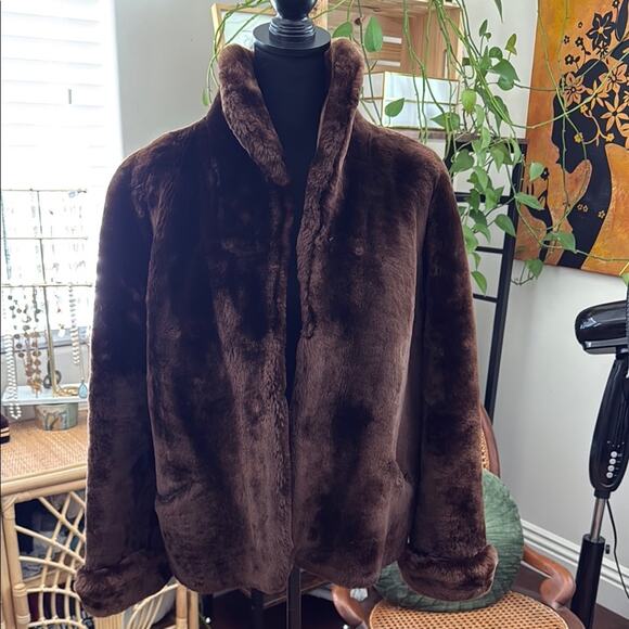Vintage Unbranded Chocolate Brown Open Front Faux Fur Coat - Picture 1 of 5